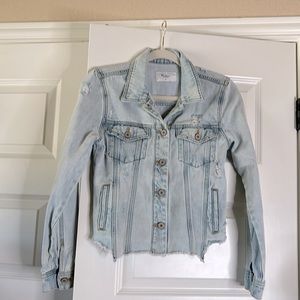 Cropped Blue Jean Jacket with Distressed Finish